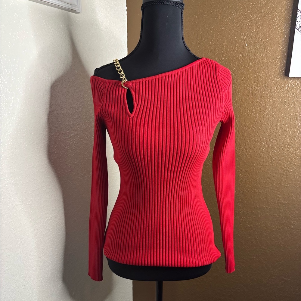 INC International Concepts Red Off-Shoulder Sweater with Chain Accent